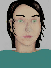 a portrait of a person with cream skin, black hair, and a turquoise coloured shirt