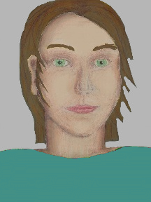 a portrait of a person with cream skin, brown hair, and a turquoise coloured shirt