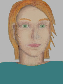 a portrait of a person with cream skin, red hair, and a turquoise coloured shirt