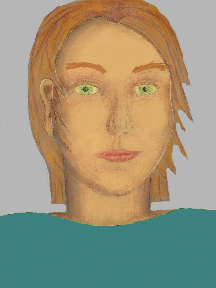 a portrait of a person with golden skin, red hair, and a turquoise coloured shirt