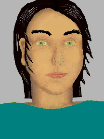 a portrait of a person with golden skin, black hair, and a turquoise coloured shirt