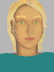 a portrait of a person with golden skin, blonde hair, and a turquoise coloured shirt
