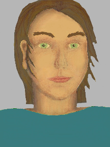a portrait of a person with golden skin, brown hair, and a turquoise coloured shirt