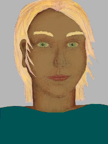 a portrait of a person with caramel skin, blonde hair, and a teal coloured shirt