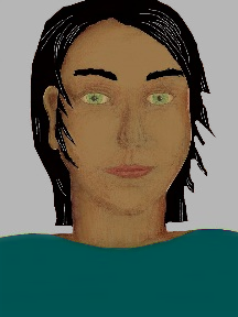 a portrait of a person with caramel skin, black hair, and a teal coloured shirt