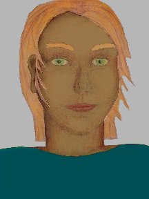 a portrait of a person with caramel skin, red hair, and a teal coloured shirt