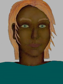 a portrait of a person with chocolate skin, red hair, and a teal coloured shirt