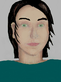 a portrait of a person with cream skin, black hair, and a teal coloured shirt
