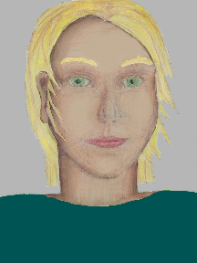 a portrait of a person with cream skin, blonde hair, and a teal coloured shirt