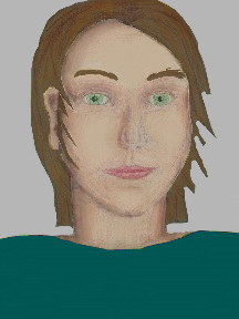 a portrait of a person with cream skin, brown hair, and a teal coloured shirt