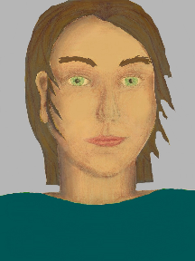 a portrait of a person with golden skin, brown hair, and a teal coloured shirt