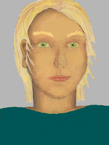 a portrait of a person with golden skin, blonde hair, and a teal coloured shirt