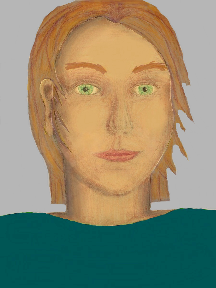 a portrait of a person with golden skin, red hair, and a teal coloured shirt