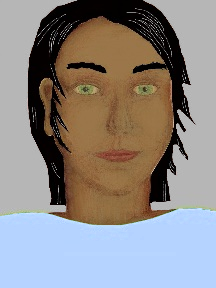 a portrait of a person with caramel skin, black hair, and a light blue coloured shirt
