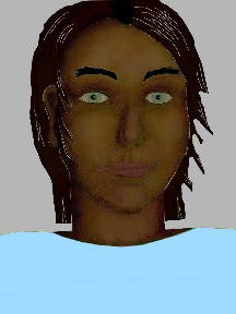 a portrait of a person with chocolate skin, black hair, and a light blue coloured shirt