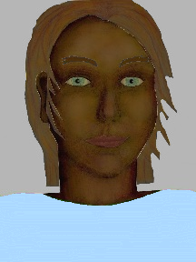 a portrait of a person with chocolate skin, brown hair, and a light blue coloured shirt