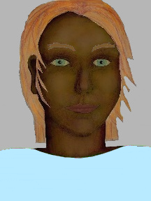 a portrait of a person with chocolate skin, red hair, and a light blue coloured shirt