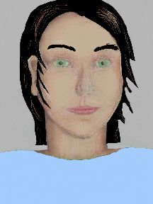 a portrait of a person with cream skin, black hair, and a light blue coloured shirt