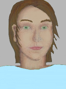 a portrait of a person with cream skin, brown hair, and a light blue coloured shirt