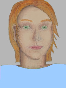 a portrait of a person with cream skin, red hair, and a light blue coloured shirt