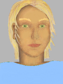 a portrait of a person with golden skin, blonde hair, and a light blue coloured shirt