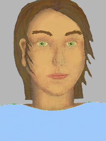 a portrait of a person with golden skin, brown hair, and a light blue coloured shirt