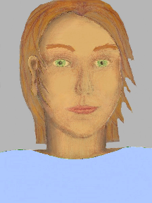 a portrait of a person with golden skin, red hair, and a light blue coloured shirt