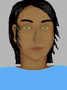 a portrait of a person with caramel skin, black hair, and a sky blue coloured shirt