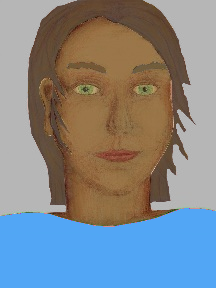 a portrait of a person with caramel skin, brown hair, and a sky bluel coloured shirt