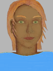 a portrait of a person with caramel skin, red hair, and a sky blue coloured shirt