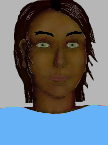 a portrait of a person with chocolate skin, black hair, and a sky blue shirt
