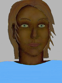 a portrait of a person with chocolate skin, brown hair, and a sky blue coloured shirt