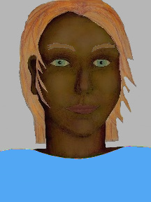 a portrait of a person with chocolate skin, red hair, and a sky blue coloured shirt