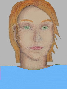 a portrait of a person with cream skin, red hair, and a sky blue coloured shirt