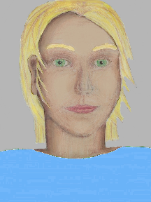 a portrait of a person with cream skin, blonde hair, and a sky blue coloured shirt