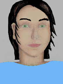 a portrait of a person with cream skin, black hair, and a sky blue coloured shirt