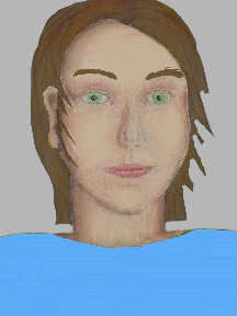 a portrait of a person with cream skin, brown hair, and a sky blue coloured shirt