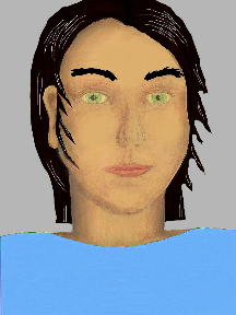 a portrait of a person with golden skin, black hair, and a sky blue coloured shirt