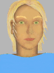a portrait of a person with golden skin, blonde hair, and a sky blue coloured shirt