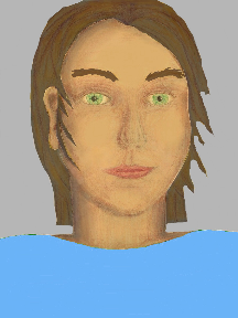 a portrait of a person with golden skin, brown hair, and a sky blue coloured shirt