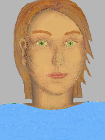 a portrait of a person with golden skin, red hair, and a sky blue coloured shirt