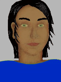 a portrait of a person with caramel skin, black hair, and a royal blue coloured shirt