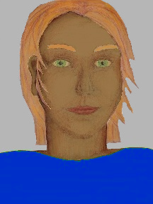 a portrait of a person with caramel skin, red hair, and a royal blue coloured shirt