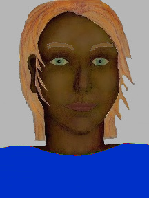 a portrait of a person with chocolate skin, red hair, and a royal blue coloured shirt