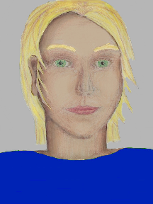 a portrait of a person with cream skin, blonde hair, and a royal bluel coloured shirt