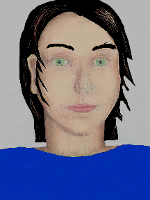 a portrait of a person with cream skin, black hair, and a royal blue coloured shirt