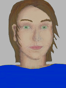 a portrait of a person with cream skin, brown hair, and a royal blue coloured shirt