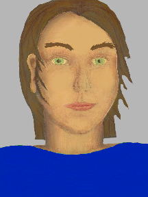 a portrait of a person with golden skin, brown hair, and a royal blue coloured shirt