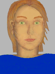 a portrait of a person with golden skin, red hair, and a royal blue coloured shirt