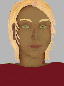 a portrait of a person with caramel skin, blonde hair, and a wine coloured shirt